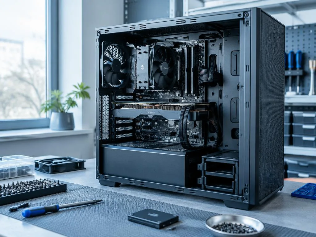 Computador aberto com componentes à mostra em bancada técnica