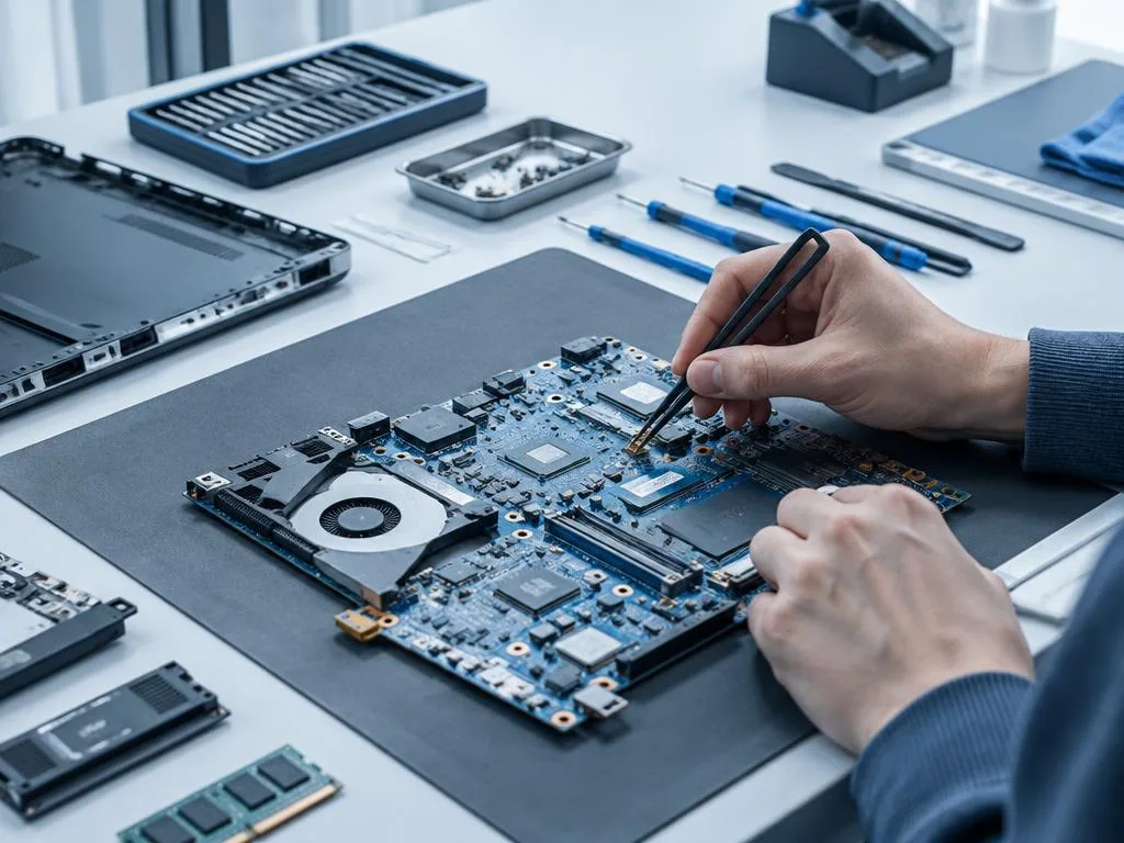 Placa de notebook sendo reparada com ferramentas de precisão em bancada